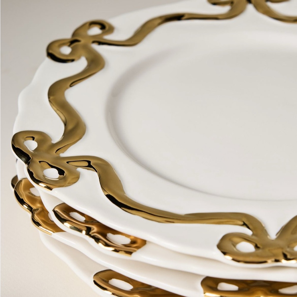 4 NWT Benedita Gold Bow Stoneware Dinner Plate